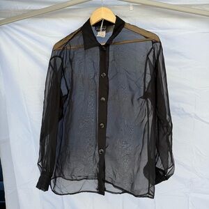 Vintage ANXIETY Sheer Black Button-Up | Mesh Long Sleeve | Medium